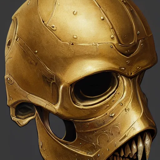 Image similar to three quarter view of a knights helmet gold skull face mask by donato giancola and greg rutkowski, vintage retro scifi, realistic face, digital art, trending on artstation