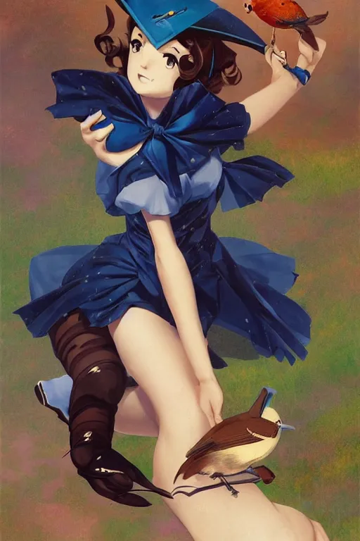 Image similar to anime pinup girl, shes holding an indigo bunting, bird, the bird is wearing a bowtie, by greg rutkowski, rossdraws, gil elvgren, enoch bolles, anime, porcelain skin, very coherent