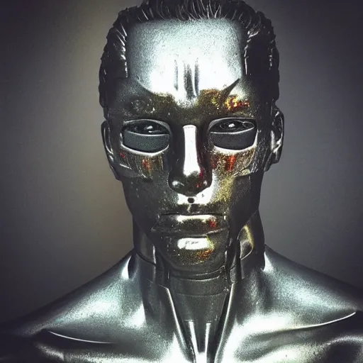 Prompt: “a realistic detailed photo of a guy who is the terminator, who is a male android, Bryce Hall, shiny skin, red eyes, posing like a statue, blank stare”