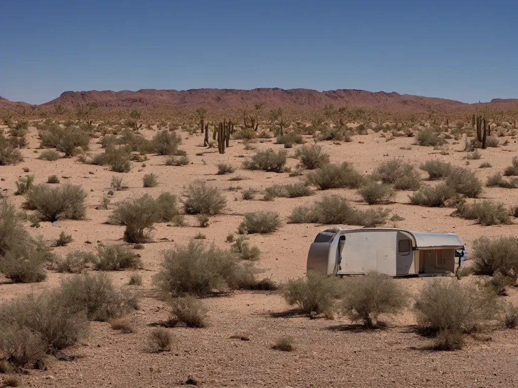 Prompt: Trailer park landscape in the desert near the oasis in style of Alison Elizabeth Taylor