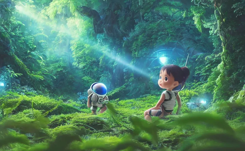 Image similar to a still of a cute adorable tiny astronaut, on a planet of lush foliage, with an enormous kaiju dragon surrounding, magical forest, sharp focus, neon backlit, highly detailed, disney pixar studio ghibli makoto shinkai, digital painting, matte, octane render, global illumination, iridescent, anime, 8 k