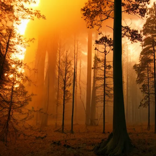 Prompt: beautiful forest with a little fog while sunset in red colors burns down to ashes, 4k, high detail picture