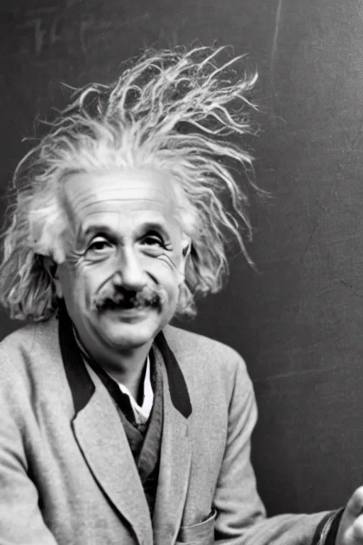 Image similar to professional photo of happy albert einstein on the background of the blackboard on which it is written e = mc 2, portrait,, ancient, realistic, detailed