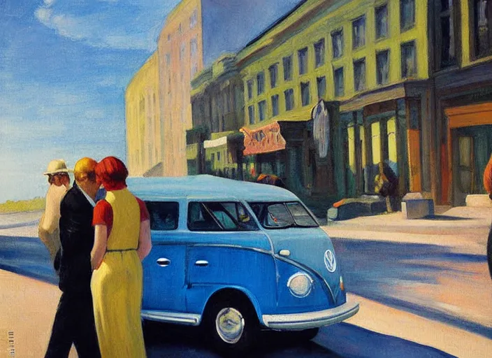 Image similar to detailed painting two young men and women near blue vw bus by edward hopper, bernardo bertolucci dreamers movie scene