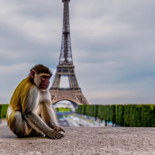 Image similar to high quality portrait of a monkey in front of eiffel tower, studio photograph, photograph, realistic photo, 8k photo, 4k photo, stock photo, high resolution, cinematic shot, high detail