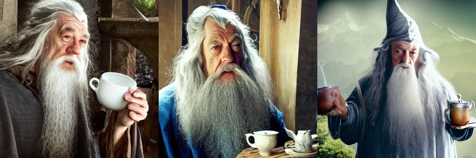 Prompt: Gandalf, the gray, is drinking a tea with Tolkien, award winning photo