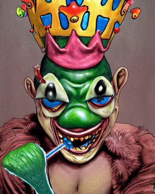 Image similar to clown frog king pulls the sword from the stone, clown frog king wearing clown makeup and rainbow wig, clown crown artwork by Glenn Fabry