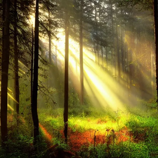 Prompt: a magical painting of a mystical forest clearing with sunrays