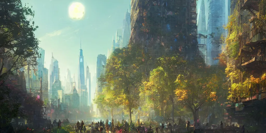 Image similar to a fantasy solarpunk new york city, landscape illustration by greg rutkowski, bright sunlight, sun glints, vivid and colorful trees and plants and flowers, smooth digital concept art, 4 k, trending on artstation