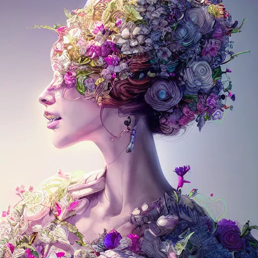 Image similar to the portrait of an absurdly beautiful, graceful, elegant, innocent woman made of petals looking up, an ultrafine detailed illustration by kim jung gi, irakli nadar, intricate linework, bright colors, octopath traveler, final fantasy, angular, unreal engine 5 highly rendered, global illumination, radiant light, detailed and intricate environment