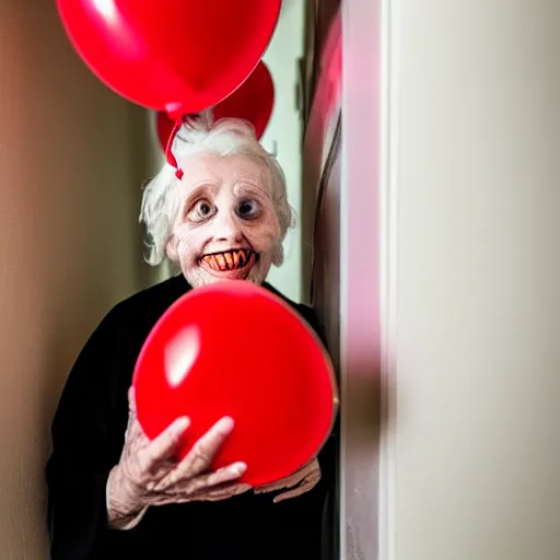 Prompt: Sinister ghost of an old crone with sunken eyes and a grimace smile with red balloons standing ominously at the end of a dark corridor. Horror HD photo