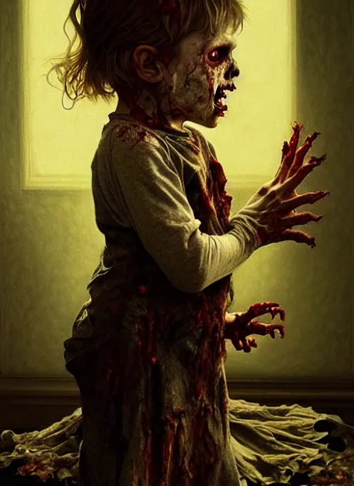 Image similar to a zombie child in a dark living room, diffuse lighting, fantasy, intricate, elegant, highly detailed, lifelike, photorealistic, digital painting, artstation, illustration, concept art, smooth, sharp focus, art by john collier and albert aublet and krenz cushart and artem demura and alphonse mucha