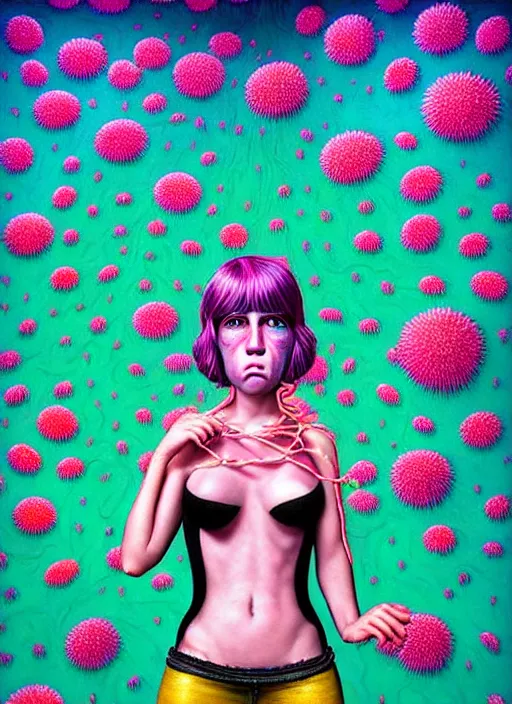 Prompt: hyper detailed 3d render like a Oil painting - Ramona Flowers with wavy black hair wearing thick mascara seen sticking her tongue out Eating of the Strangling network of colorful yellowcake and aerochrome and milky Fruit and Her staring intensely delicate Hands hold of gossamer polyp blossoms bring iridescent fungal flowers whose spores black the foolish stars by Jacek Yerka, Mariusz Lewandowski, silly face, Houdini algorithmic generative render, Abstract brush strokes, Masterpiece, Edward Hopper and James Gilleard, Zdzislaw Beksinski, Mark Ryden, Wolfgang Lettl, Dan Hiller, hints of Yayoi Kasuma, octane render, 8k