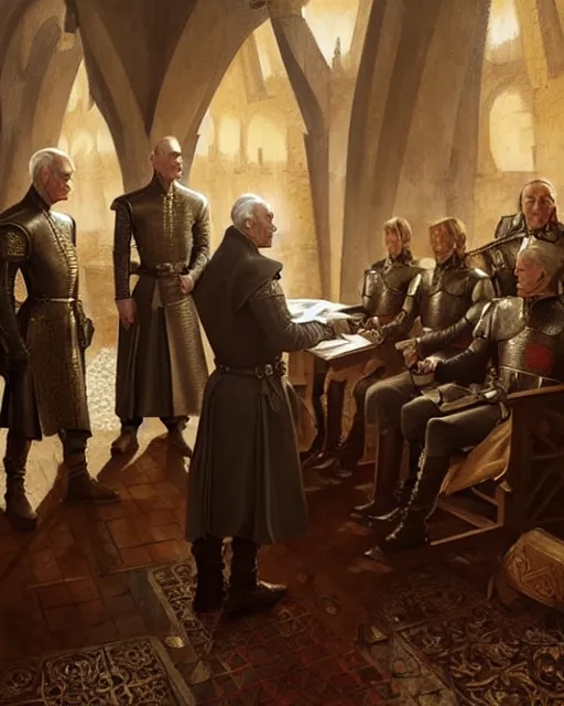 Image similar to middle ages, tywin lannister discusses war strategy with his military advisors, council chambers, game of thrones | | realistic shaded, fine details, realistic shaded lighting painting by greg rutkowski, diego gisbert llorens, magali villeneuve, artgerm, jeremy lipkin, michael garmash, rob rey