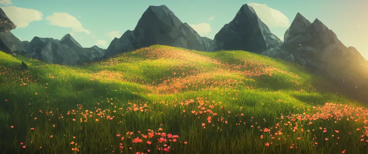 Image similar to 3 d render, mountain landscape, digital art, low poly art, minimalist, flowers, lowpoly landscape, particles floating, unreal engine, dreamy, bokeh, bounce light, sunny, complementary palette, redsinski