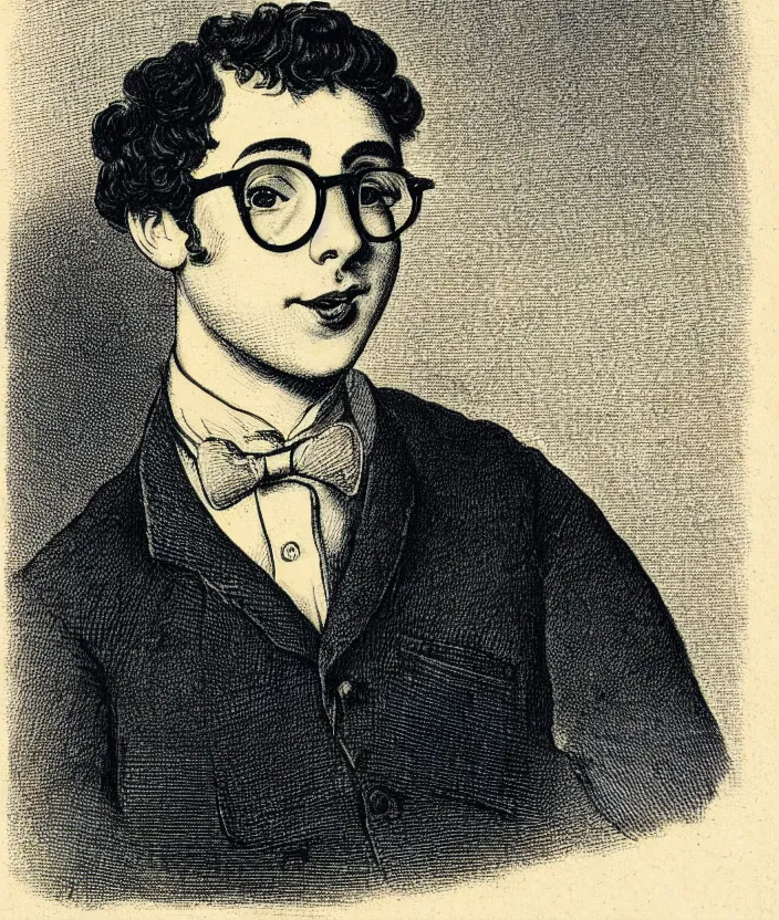 Prompt: jewish young man with glasses, dark short curly hair smiling, illustration in the style of e. h. shephard