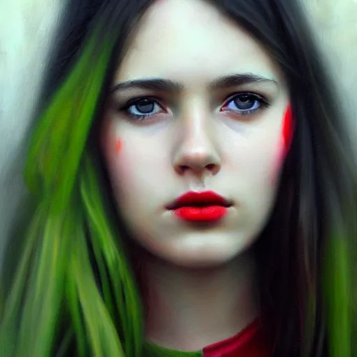 Image similar to a realistic illustration portrait of a beautiful cute girl with wavy black red shoulder - long hair, a pointy nose and, round chin black eyeliner and green pupills, in a garden, trending on artstation, hyper - realistic lighting, intricate by casey baugh