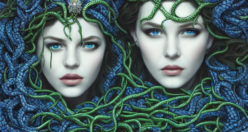 Image similar to detailed portrait of the queen of snakes, realism, pale blue, emerald, sapphire, wearing a crown of vines, nest of vipers, moonlit, dark fantasy, dramatic lighting, cgsociety, artstation