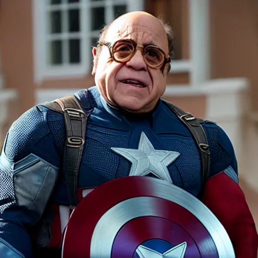 Image similar to film still it Danny Devito as captain America in the new marvel movie