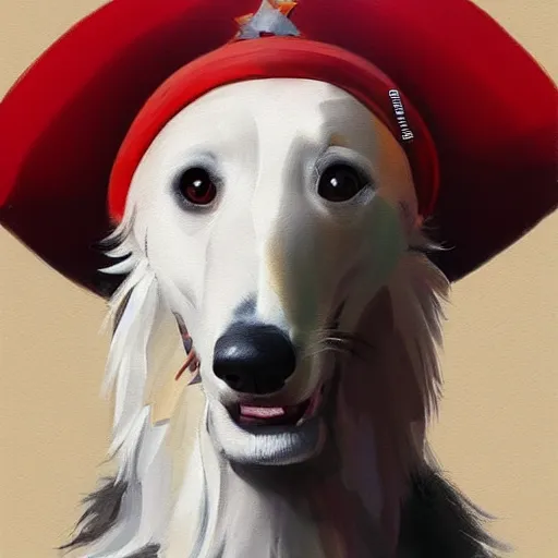 Prompt: Portrait painting of a Borzoi Dog using a communist red beret as an Overwatch character, medium shot, asymmetrical, profile picture, Organic Painting, sunny day, Matte Painting, bold shapes, hard edges, street art, trending on artstation, by Huang Guangjian and Gil Elvgren and Sachin Teng