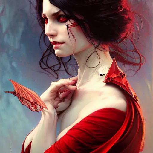 Prompt: Portrait of succubus, D&D, red eyes, face, fantasy, intricate, elegant, highly detailed, digital painting, artstation, concept art, smooth, sharp focus, illustration, art by artgerm and greg rutkowski and alphonse mucha