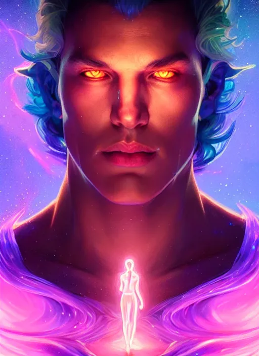 Image similar to a male faceless glowing liquefied stardust adventurer, dnd fantasy character, full body portrait, glowing neon skin, magical aura, ultra realistic, intricate, elegant, highly detailed, digital painting, artstation, smooth, sharp, focus, illustration, art by artgerm and greg rutkowski and alphonse mucha