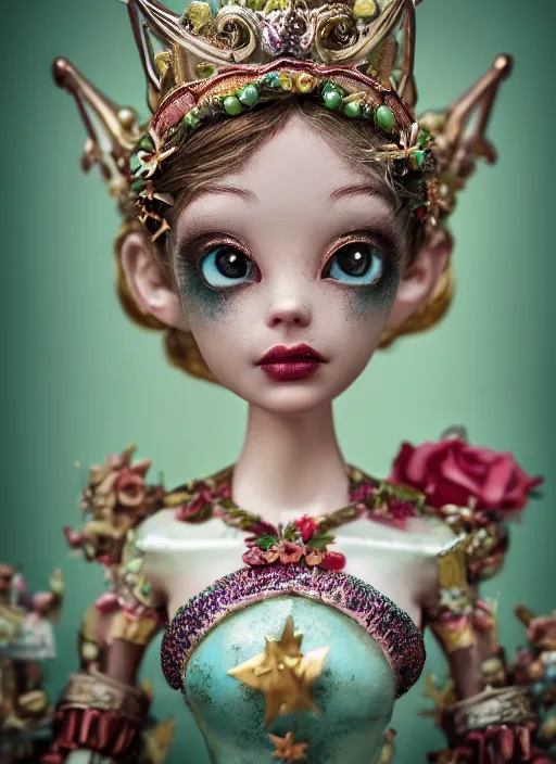 Image similar to closeup face profile portrait of a tin toy fairytale princess wearing a crown eating cakes, bikini, depth of field, zeiss lens, detailed, symmetrical, centered, fashion photoshoot, by nicoletta ceccoli, mark ryden, lostfish, breathtaking, 8 k resolution, extremely detailed, beautiful, establishing shot, artistic, hyperrealistic, octane render