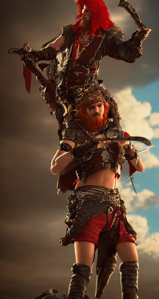 Prompt: A red headed sky-pirate with pistol and sword, epic fantasy, octane render, high detail, photorealistic, High details,4k