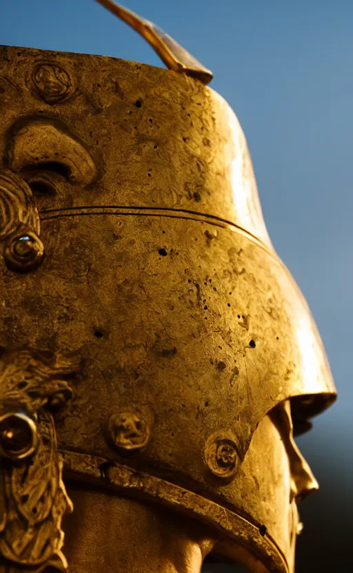 Image similar to a warrior wearing a corinthian helmet, museum photography, closeup, bokeh, golden hour