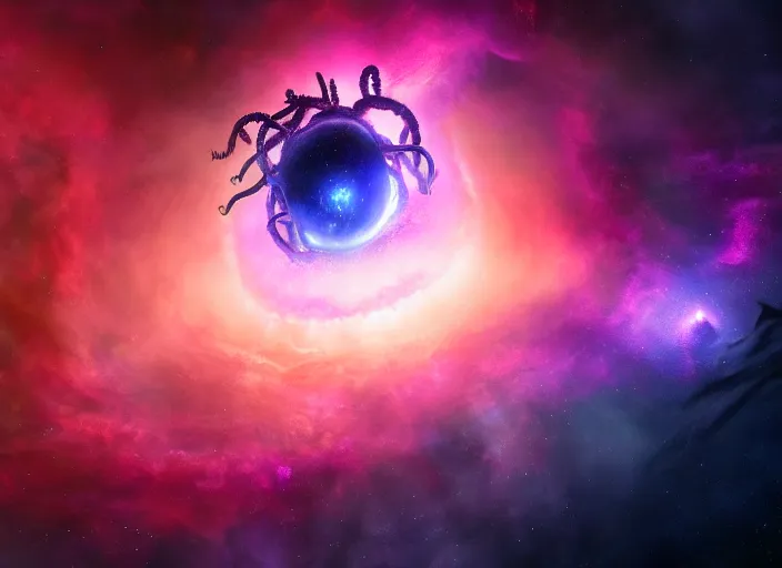 Prompt: a massive space kraken emerging from a black hole, vibrant nebula, epic scale, epic scene, octane render, by weta digital