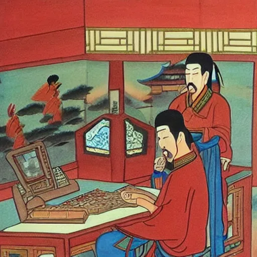 Prompt: oriental painting of sun tzu playing a game of warcraft ii on his desktop computer