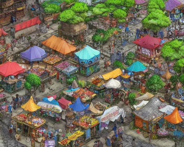 Image similar to busy fantasy village open square with some market stalls, studio ghibli style, hayao miyazaki, award winning photograph, highly detailed, artstation, hd wallpaper