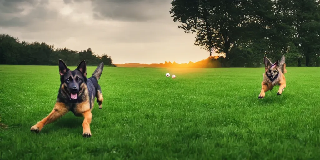 Image similar to German Shepherd jumping to catch a ball in green fields, cinematic lighting, wide angle landscape photography, hyperrealistic, 8k