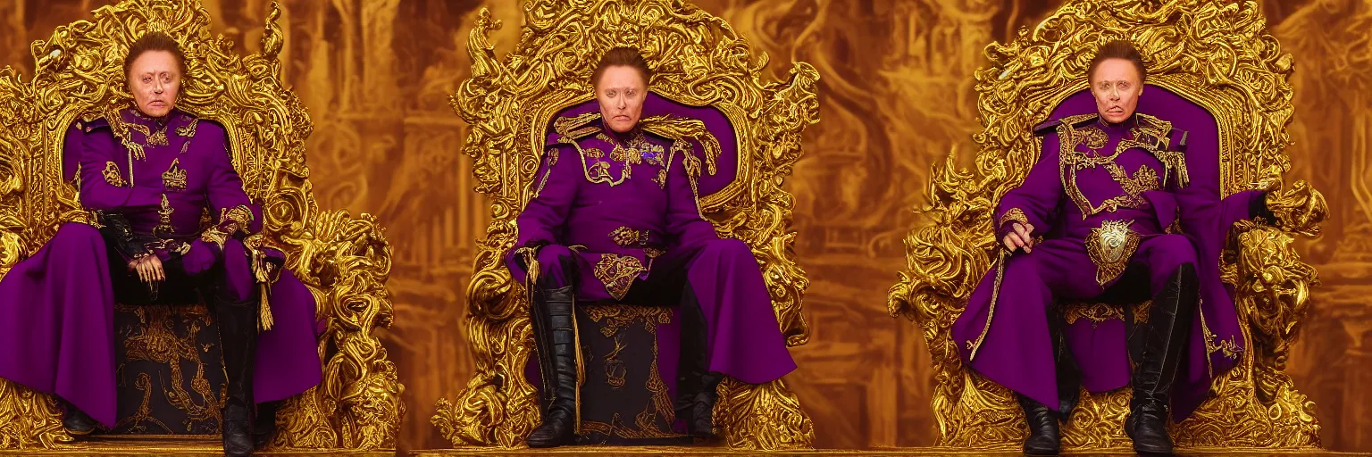 Prompt: Cinematic distant view of subject on a throne, Christopher Walken as Emperor Shaddam IV, in Dune, wearing ornate Tyrian-purple regal leather uniform, with two golden-lion-pins on uniform, sitting on a golden throne with arm-rests shaped like lions, inside a darkly lit futuristic neo-Baroque hall, subdued colors, highly detailed, dark atmospheric lighting