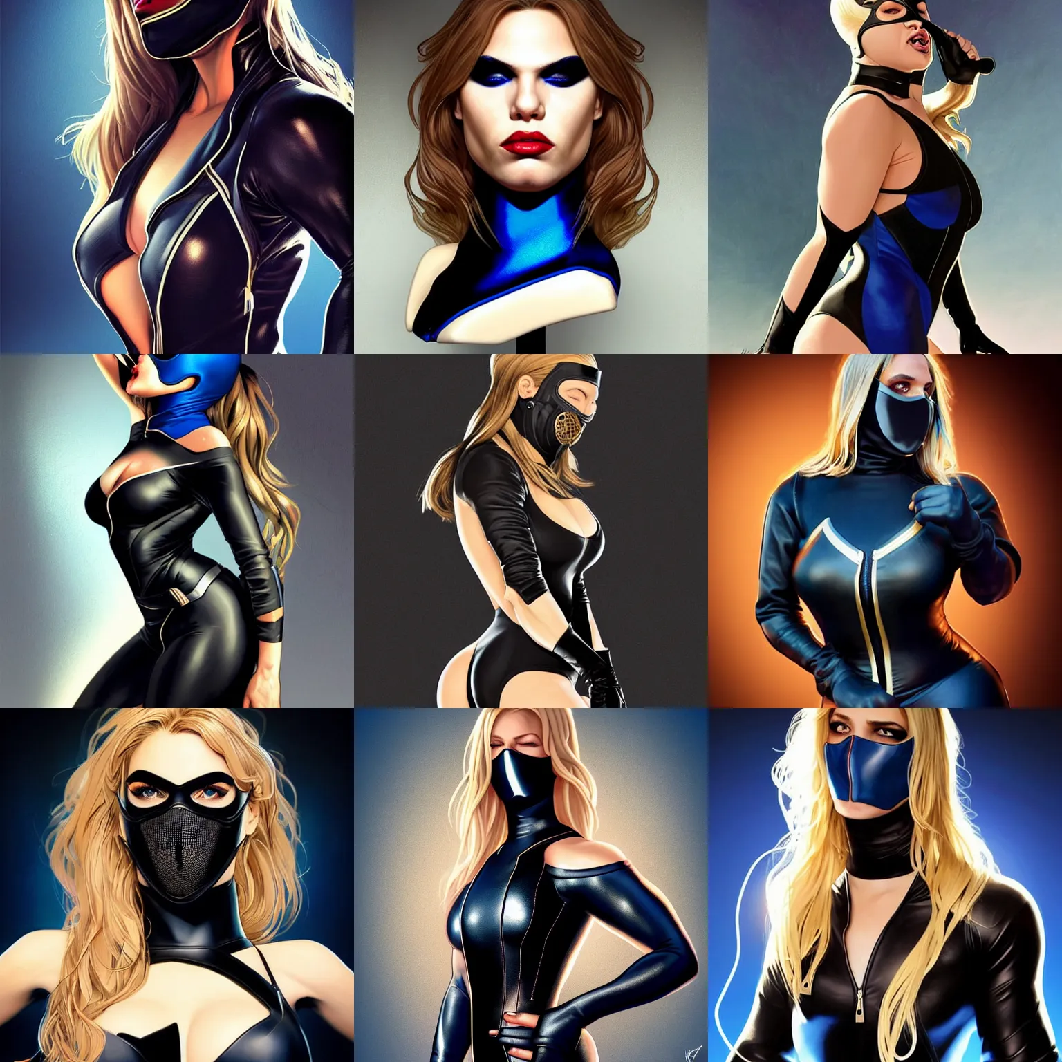 Prompt: striking character concept portrait, black canary, dark blue leotard costume with zipper, mouth covered with mask, curvaceous. bust, medium shot. detailed, high quality, very dark lighting, many shadows, high contrast, fantasy, reflective suit, spotlight. digital artwork by artgerm and wlop and alex ross and alphonse mucha, trending on artstation