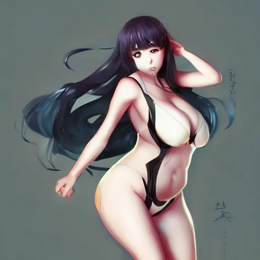 Image similar to an anime drawing of an extremly curvy girl by wlop and artgerm and ross tran featured on pixiv, booru