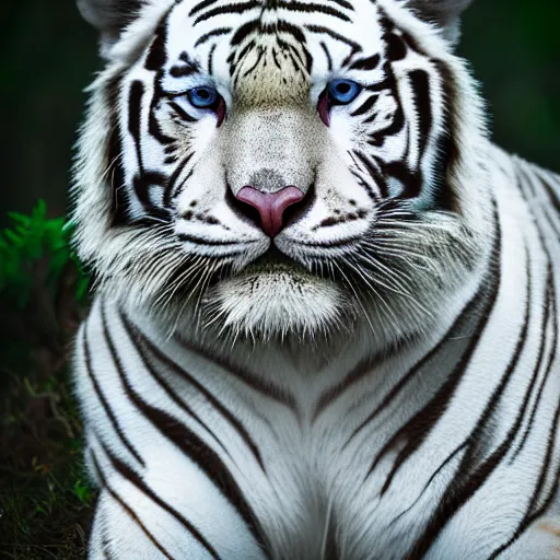 Image similar to realistic photo portrait of a white tiger | blue eyes | colorful blue eyes | cinematic photo | cinematic shot | epic | 8k resolution | realistic | hyperrealistic