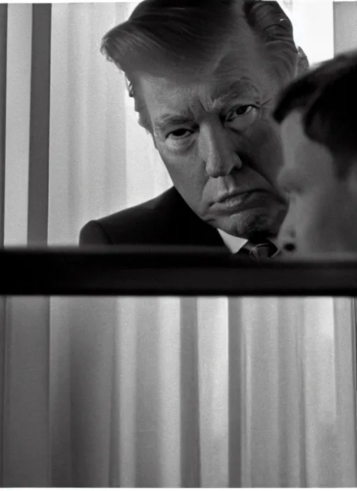Prompt: screenshot from moody scene of Donald Trump looking out window, in High and Low, 1963 film directed by Akira Kurosawa, kodak film stock, black and white, anamorphic lens, 4K, detailed, stunning cinematography and composition shot by Takao Saito, 70mm