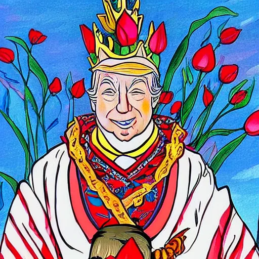 Prompt: high-quality selfie taken by Donald Trump as he ascends to be king of the tulip people, liliputian art, fantasy art, princess president, traditional japanese dress