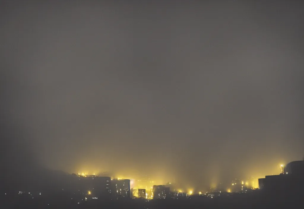 Prompt: looking up there is a city on a pit, night, in the ceiling there is fog, yellow light