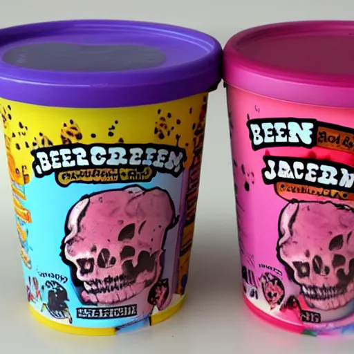 Image similar to ice cream of the macabre skin and bones flavour, ben and jerrys container, product, flesh, blood, evil, horror