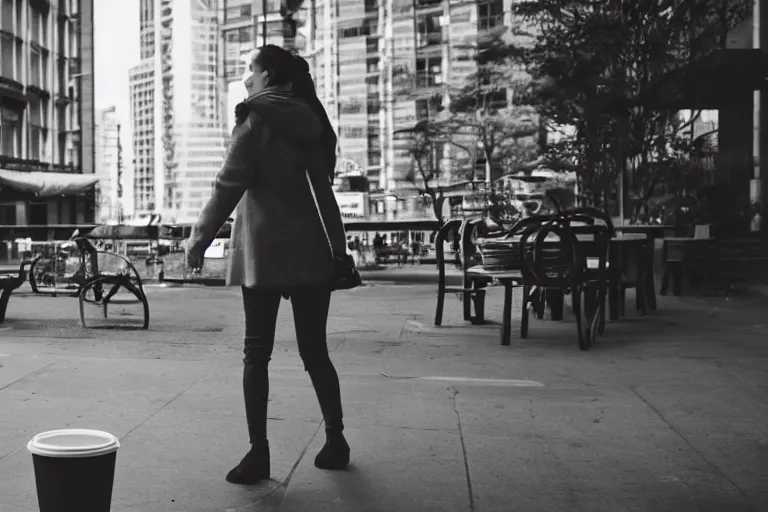 Image similar to Flim still of a woman drinking coffee, walking to work, long shot, wide shot, full shot