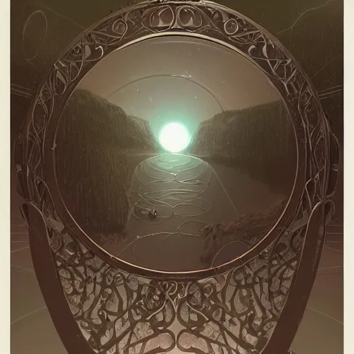 Image similar to a large iron metal gate in the shape of a circle, set into a mountain gap is a portal a new dimension, cosmis swirls seen though gate, misty, sci fi, high technology, futuristic, digital painting, artstation, concept art, smooth, sharp focus, illustration, art by greg mullens and greg rutkowski and alphonse mucha