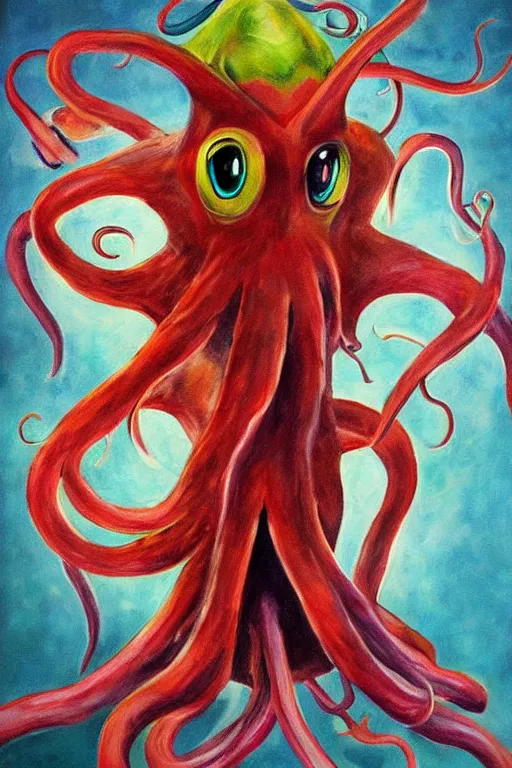 Prompt: realistic painting of a mutated squid beast in pokemon style