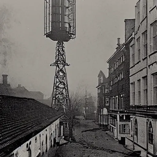 Prompt: A street-level view of a gloomy fantasy Victorian-era town, single-point perspective centered in a radio tall, foreboding radio tower with cast-iron walkways; muted colors cloudy weather, damaged photograph .