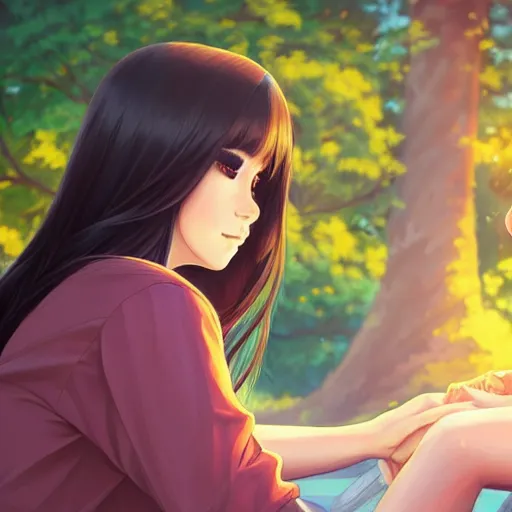 Prompt: a beautiful girl with long dark hair, sitting in the park next to her younger brother who has dark hair, sunset, evening, sharp focus, intricate, digital painting, artstation, official media, anime key visual, highly detailed, rich vivid colors, ambient lighting, illustration, art by Artgerm, Makoto Shinkai, Ilya Kuvshinov, Lois Van Baarle, and Rossdraws