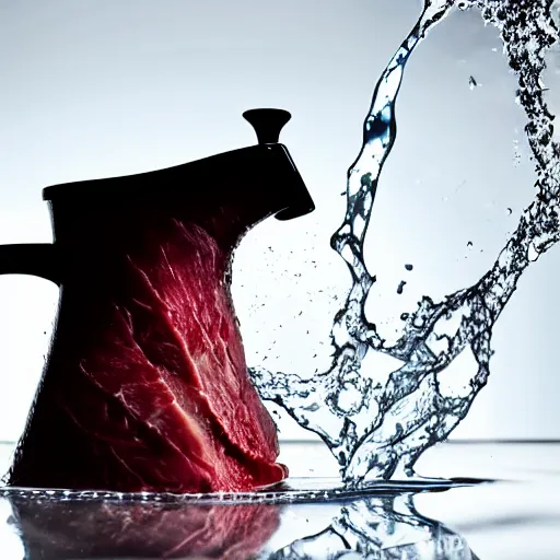 Prompt: a steak splashing into a pitcher of water, food photography gourmet, trendy food, macro photography, high contrast, slow - mo high speed photography