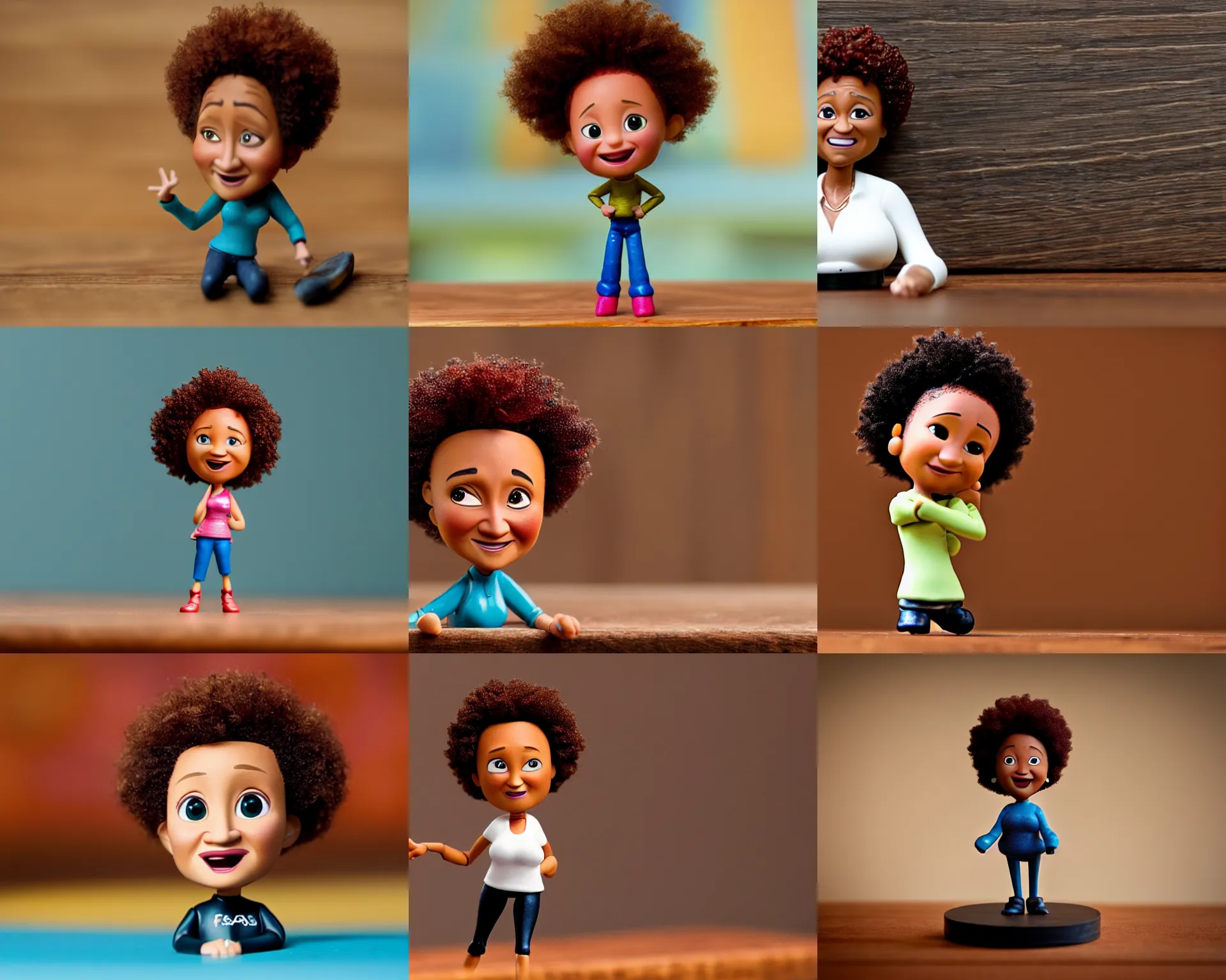 Prompt: wanda sykes figurine by pixar sad bokeh on wooden table.