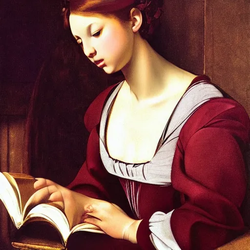 Prompt: Disney Princess reading a book. Painted by Caravaggio, high detail - n 4