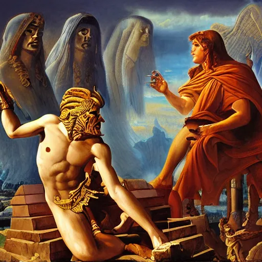 Prompt: Riddle of Sphinx plaguing Thebes and ordeal of the traveller by Jeff Easley and neoclassic painting, fantastic reality, detailed and beautiful faces, dramatic lighting, establishing shot, 8k resolution – W 1024